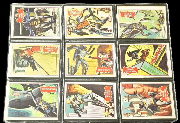Scarce Batman Topps Non-Sports Cards Set: 1966, Batman, Red Bat Series 2, complete 44 card set, plus one duplicate. Reverse side has Batman Puzzle A. Overall, cards are clean and well centered with minor corner wear to some, and some spotting