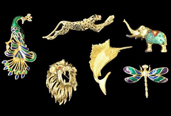 6 Vintage "Critter" Costume Pins: Leopard, elephant, peacock, lion, dragonfly, swordfish (three are enameled)