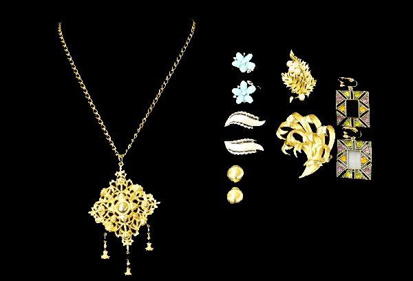 7 pcs Signed Vintage Costume Jewelry: Includes Lisner, Haskell and others. Lisner pieces include necklace, blue stone earrings and two pins. Miriam Haskell button earrings, Trifari leaf earrings, Emmons multi-stone earrings.