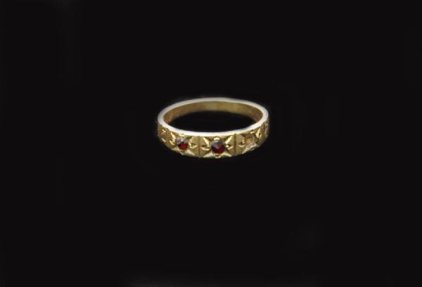 Antique Baby Ring in 14K With Stones: Sweet, tiny baby ring in 14K with what appear to be garnets (one is missing)