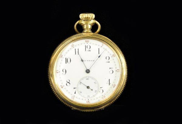 Early Waltham Pocket Watch: 2" open face, movement Serial No. #7735070, Keystone case marked "J.Boss 14K gold", Serial No.2990487, dust cover engraved 4/14/1879 , F.E.. Hayden, September 20, 1953. Shows some edge wear, mechanism
