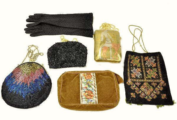 Vintage Purse & Glove Lot: 8" round beaded bag, made in China; unusual brass and copper bag inside signed, Miram Marshall, has replaced chain; brown corduroy clutch purse with tapestry design; 9" needlepoint purse with string c