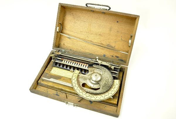 Unusual 1886 World Typewriter: 13" x 8" x 3 1/2" originally produced by World Typewriter in 1886. This example includes a Pope Manufacturing company plate which may suggest a collaboration in manufacturing or selling of patent. Mis