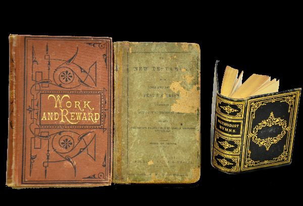 Three Early Books: Miniature book of Methodist Hymns by Carlton & Lanahan, New York, 1849, clean with gilded page ends; Work and Reward by Mrs. M.A. Holt printed by the National Temperance Society and Publication House,