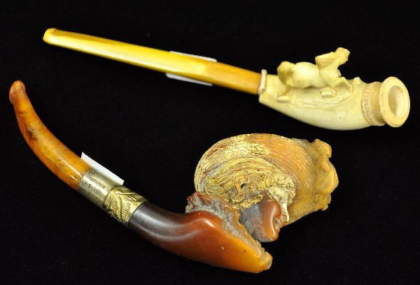 Mirsham Style Carved Pipes: 6" Ivory pipe with carved horse figure (one leg is missing); 6" Victorian woman's head carved from a nut. Has beautiful detail and coloring with brass tip, other half has a sterling tip.