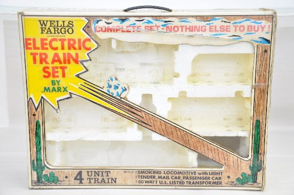 Rare Marx Prototype Set Box: This appears to have been a sample for a window display set box for a general set. All graphics are hand drawn or hand painted with Mylar covering. Set is numbered 54772 Wells Fargo shipment. Very unu