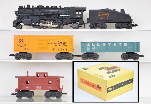 Boxed Marx Allstate Set 09629: 1666 steam loco with smoke; Allstate slope back tender; Santa Fe boxcar; Allstate gondola; Allstate caboose; track; trestle set; transformer. Shows light to moderate playwear. Super clean set box with