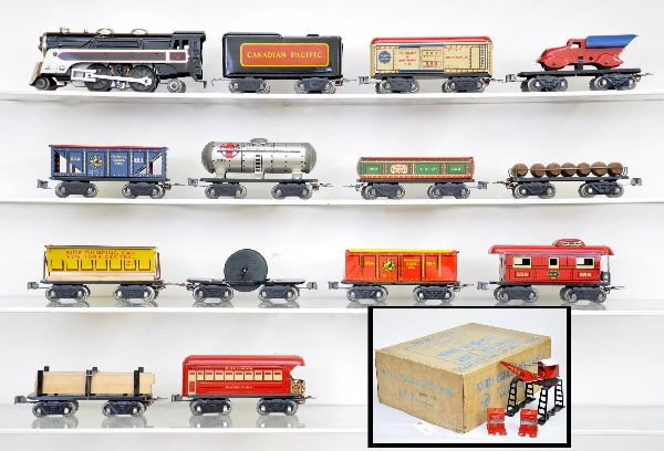 Scarce Boxed Marx Ward's Famous Switch Train Set: No. 1500MR. Set includes 391 steam loco; CP tender; 554 hopper; 552 gondola; 555 reefer; 567 dumper; flat with barrels; 554 high gondola; flat with dump truck; flat with cable reel; flat with lumber; 
