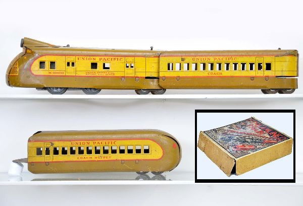 Boxed Marx M10000 Streamliner: UP diesel, mechanism functional with bell and key, coach, observation and worn original set box with inserts. Dirty but shows light to moderate playwear, may polish to C7