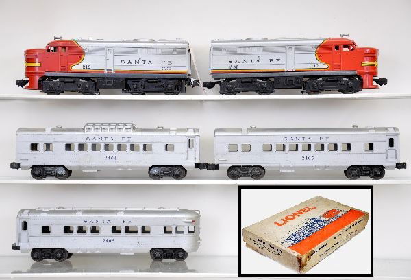 Boxed Lionel Set 11490: Includes 212 Santa Fe Alco AA diesels, dummy cowl is cracked; 2404 Pullman; 2405 Pullman; 2406 observation. Cars are last version without illumination. All show moderate playwear. Includes track, tran