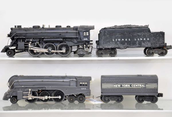 Early Lionel Steam Engines: 221 Dryfuss Hudson with matching NYC tender in gray, decals 95% one side, 90% the other; 224 steam loco; 2466WX tender, missing one pick-up shoe and has some mildew. Otherwise, shows moderate playwear