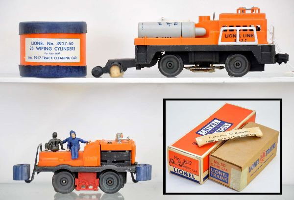Boxed Lionel 3927 and 50 Motorized Units: 3927 track cleaner with original tubes, missing ring wipes, includes 3927-50cylinders; 50 gang car with instructions. Both have original boxes and show light playwear, should clean to C7+