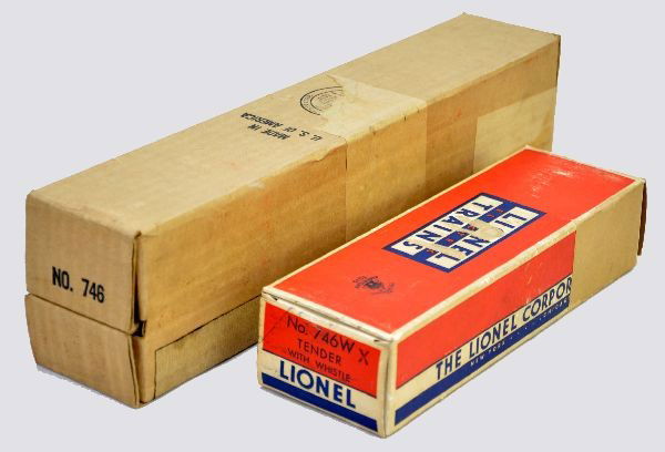 Empty Lionel 746 and 746WX Boxes: These are for the 1957 Norfolk and Western steam loco and tender, long stripe. The boxes are clean and square. Tender box has brown tape on one side.