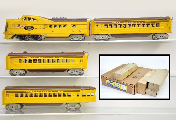 Unusual Boxed American Flyer City of Denver Stream: Box label marked "100 advertising" Includes 1684 UP diesel, showing light to moderate wear, C6; 1636 whistling coach; 1631 coach; 1632 observation. Cars have strong decals and show light wear overall.