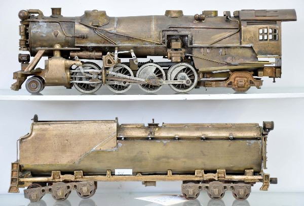 Brass O-Scale Steam Locomotive & Tender: 282 Locomotive with long haul tender, brass and bronze, unpainted. Missing some trim pieces in coal pile, probably 90% complete. Overall length is 24". Super detailed model of a great engine.