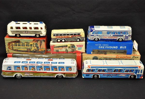 5 Boxed Japanese Tin Buses: 12" Cragstan Greyhound bus, light dents in roof; H Japan #60 Scenicruiser, 9" long, unusual SSS Japan Air Porter, 8" long with interior; Charmr Continental Trailways, 7" long; Kyoei Continental 15" lo