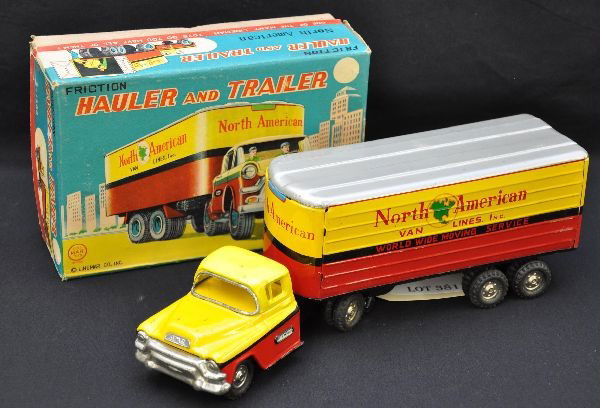 Near Mint Boxed Marx North American Van Lines Truc: Marked Linemar, 14" Long, clean, bright and shiny with original box and wrapping, C9