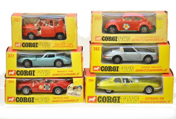 6 Boxed Corgi Whizzwheels: 382 Porsche Targa 911S, 394 Datson 240Z, 383 VW 1200 Beetle, 284 Citroen, 283 OSI Daf-City car, 377 Marcos. Cars are new in original boxes with inserts, C9