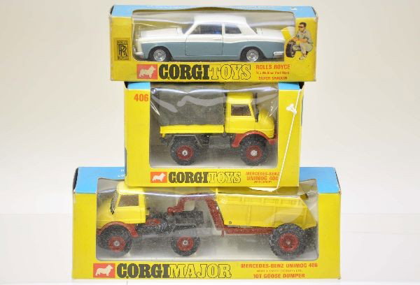 Boxed Corgi 406, 273 & 1145: 406 Mercedes Unimog with canopy, 273 Rolls Royce Silver Shadow, 1145 Mercedes Unimog and goose dumper. All are like new and have original boxes with inserts, C9