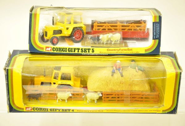 Boxed Corgi Gift Sets No.4 & No.5: No. 4 country farm set includes Massey-Ferguson MF50B tractor with trailer and hay load, animals and fence; No. 5 country farm includes Massey-Ferguson MF50B tractor, trailer and animal load. Both hav