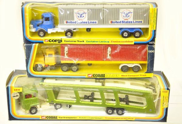 Boxed Corgi Trucks 1106, 1107 & 1159: 1106 Mack container truck, 1107 Camion container truck, 1159 Ford car transporter. All have original boxes, some wear to cellophane, trucks are like new C8-9