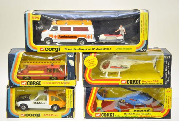 5 Boxed Corgi Emergency Vehicles: 703 fire engine; 484 AMC Pacer rescue; 405 Chevy ambulance; 921 police helicopter; 924 rescue helicopter. All have original boxes with inserts some are worn, vehicles are like new. C9