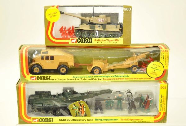 Boxed Military Corgi 900, 908 & 909: 900 German tiger tank, 908 AMX 300D recovery tank, 909 quad traction trailer and gun set. All are like new, original boxes with inserts, C9