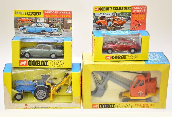 4 Boxed Corgi Vehicles: 1128 Priestman cub shovel, 72 Ford tractor with trenching bucket, 275 Rover 2000 and a 341 Mini Marcos GT850. Vehicles are like new, all have original boxes with inserts, #72 is worn. Otherwise, C7