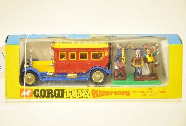 Boxed Corgi 805 Hardy Boys Set: Includes 912 Rolls Royce with sealed figure set, mint, original box and insert, C9