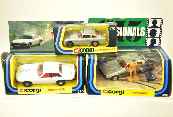 3 Boxed Corgi Character Cars: 270 James Bond Aston Martin, 320 The Saint, Jaguar XJS and 342 The Professionals, Ford Capri. Vehicles are mint, original boxes with inserts. Vehicles show minor wear, C9