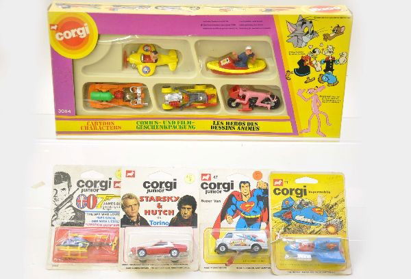 5 Boxed Corgi Junior Character Vehicles: 11 Supermobile, 47 Supervan, 3 Stromberg jet copter, 45 Starsky & Hutch and 3084 cartoon character set including Popeye, Pink Panther, Tom and Jerry. Vehicles are new, original boxes, C9-10