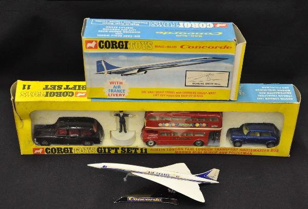 Boxed Corgi Travel Abroad Lot: 651 BAC-SUD Concorde with stand and insert, Gift Set No. 11 London taxi and bus set. Original boxes with inserts show minor wear, others are C9