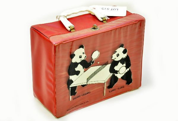 Scarce Vinyl Ling-Ling Ping-Pong Lunch Box: Prepac, Inc., New York, circa 1960's. Fairly clean with intact scenes and brass plated hardware. Scarce. Shows light wear.