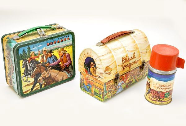 Bonanza and Chuck Wagon Lunch Boxes: Bonanza by Aladdin Industries, dated 1963, embossed, some magic marker on front; Chuck Wagon Dome Lunch Box, by Aladdin Industries, circa 1957 with original metal thermos. Both show light to moderate