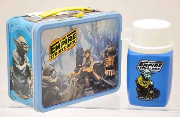 Star Wars Empire Strikes Back Lunch Box: King-Seeley 1980, view of swamp version, with original plastic thermos. Shows light to moderate wear but clean and shiny.