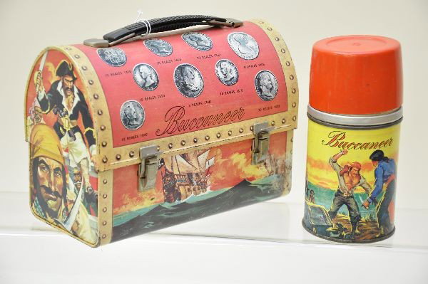 Early Buccaneer Dome Lunch Box: Aladdin Industries 1957, clean and shiny but overall shows light to moderate wear, a few minor rust spots especially near hinge. Thermos has light rust on bottom. Still presentable.