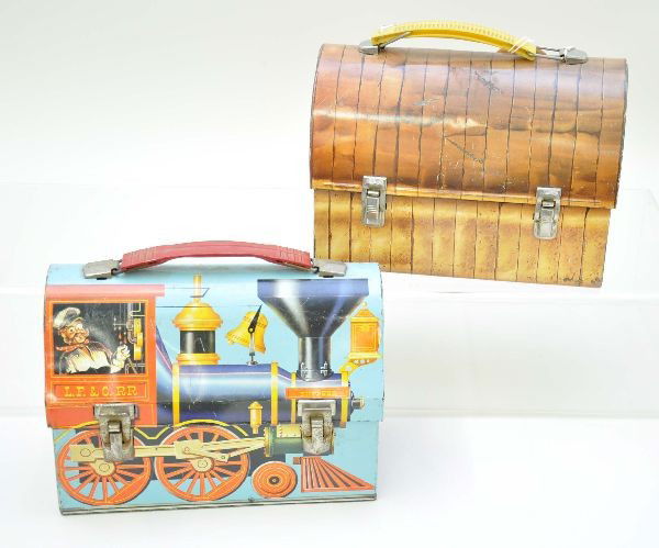 Early Dome Lunch Boxes: Casey Jones, Universal 1960; The Bread Box, Aladdin Industries, 1968. Both show light to moderate wear but clean. Bottoms show moderate wear.