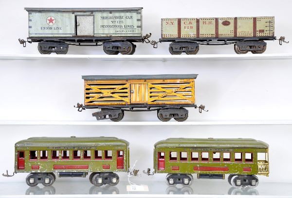 Ives Rolling Stock: 128 NYC gondola; 125 Pennsylvania reefer, speckled doors version; 127 NYC stock car, missing a wheel set; Lionel-Ives 610 Pullman and 612 observation, with Ives decals and white oil labels, observatio
