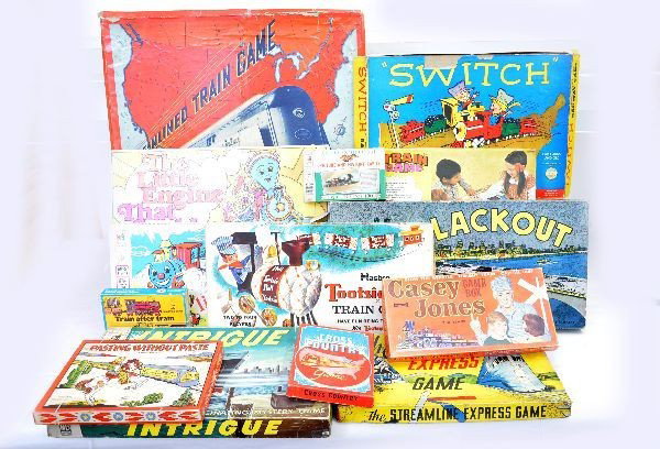 Train & Boat Related Games: Includes: Intrigue, Blackout, Tootsie Roll, The Happy Little Train, Color Train Game, Streamline Express Game, Casey Jones, Cross Country, Train After Train card game, Trains Card Game, Little Engine 