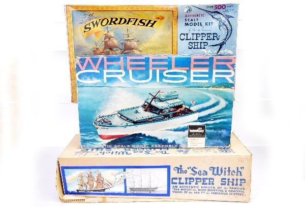 3 Boxed Ship Models: Marx The Sea Witch Clipper Ship; Marx Swordfish Clipper Ship; Ideal Wheeler Cruiser. All are unassembled, like new with original boxes showing some wear. Otherwise, C9 The auction containing on the se
