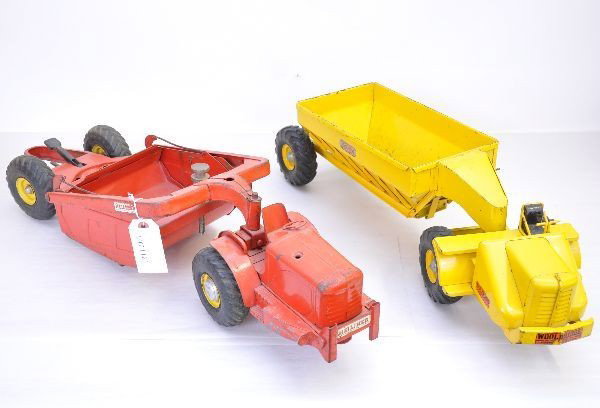2 Doepke Pressed Steel Trucks: Heiliner Scraper, 29" long, missing stack; Wooldridge center dump, 25" long. Otherwise, all original and show moderate playwear, C6 The auction containing on the secondary lots will begin around 4:30 