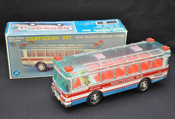 Boxed Sightseeing Bus Battery Toy: Alps Japan, 13 1/2" long, battery operated, not functional at time of test. Shows some light corrosion in battery box, but should clean up. Otherwise, shows light playwear, C8+