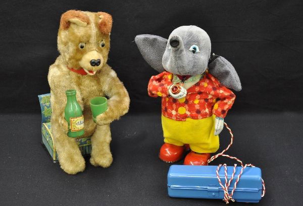 Early Battery Toys: Yone Japan drinking bear, functional (not guaranteed), with lighted eyes and pouring & drinking action; San Japan, walking smoking elephant, walks, arm raises, pipe lights. Both show light playwear, C