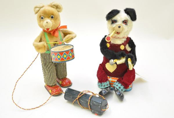 Early Battery Toys: Drumming teddy bear, eyes light, walks and drums, light graffiti on drum; Alps shoe shine bear, leg & arms function, but no pipe light or smoke at time of test, has light corrosion in battery box. Oth