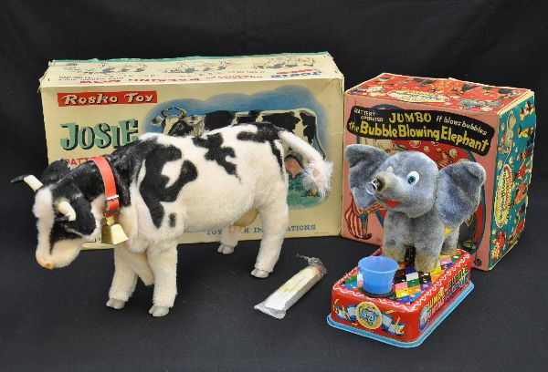Boxed Battery Toys: Jumbo The Bubble Blowing Elephant, working with empty bubble tube, minor staining to fur near feet with box insert; Rosko, Josie the walking cow, not working at time of test. Both have original boxes.
