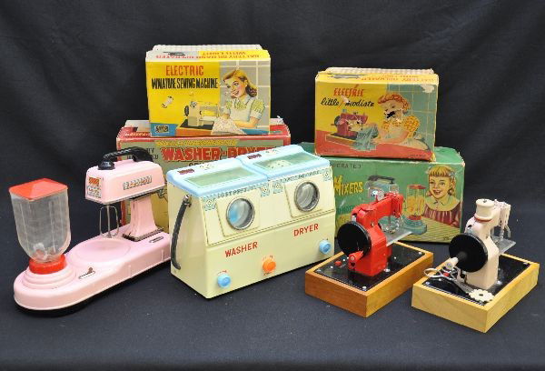 Boxed Domestic Themed Battery Toys: Exelo Japan, Combi-O-Mixers, missing bowl, one mixing blade & part of one switch handle, mechanism functional (not guaranteed); 2 different electric sewing machines, with instructions, one needle, one