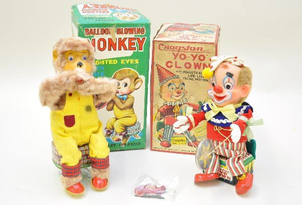 Boxed Battery Operated Toys: Alps Balloon Blowing Monkey, balloons sealed in bag (one has deteriorated) with box inserts, not functional with some battery damage; S&E Japan Cragstan Yo-Yo clown, not functional at time of test, so