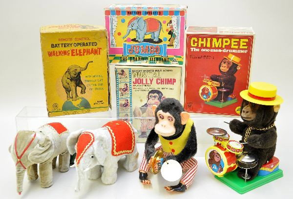 Boxed Battery Toys: Daishin, Japan Musical Jolly Chimp; Alps Chimpee the One Man Drummer; Marx Walking Elephant; Alps Jumbo the Roaring Elephant. All have original boxes and function well except Roaring Elephant which on