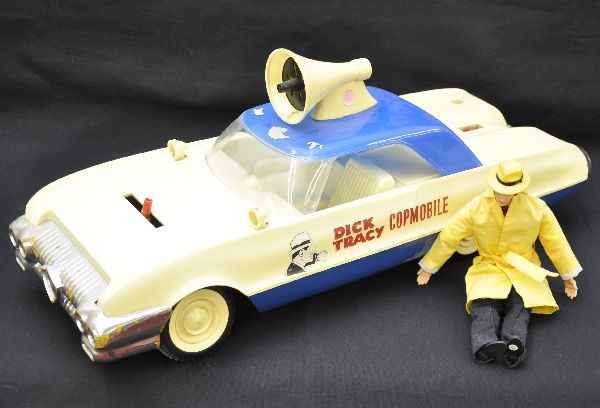 1963 Ideal Dick Tracy Car: Hard plastic, 24" long, battery operated, untested. Car is incomplete and has some paint chips on roof. Otherwise, shows moderate playwear, C6