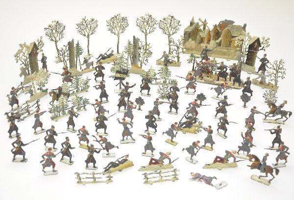 Rare Early Prussian Soldier Set: Original owner lot, circa 1910, complete Prussian figure set including foliage, structures and infantry units. Most have unusually nice paint, only a few show damage. C6-7